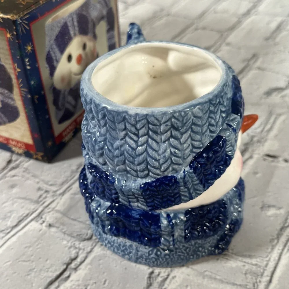 Holiday Workshop Vintage Snowman Ceramic Mug Christmas Blue Knit Hat and Scarf